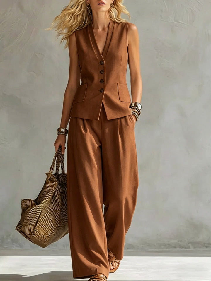 Damen Elegantes 2-teiliges Leinen-Look Set | Ärmellose Weste &amp; Weite Hose | Stilvolles Sommeroutfit | Glinda