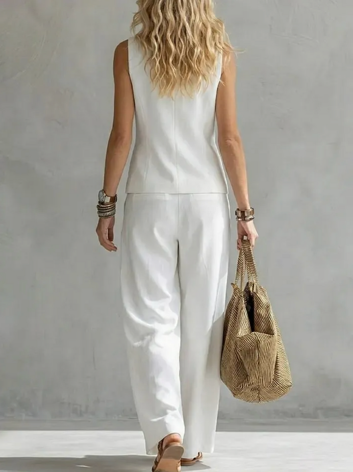 Damen Elegantes 2-teiliges Leinen-Look Set | Ärmellose Weste &amp; Weite Hose | Stilvolles Sommeroutfit | Glinda