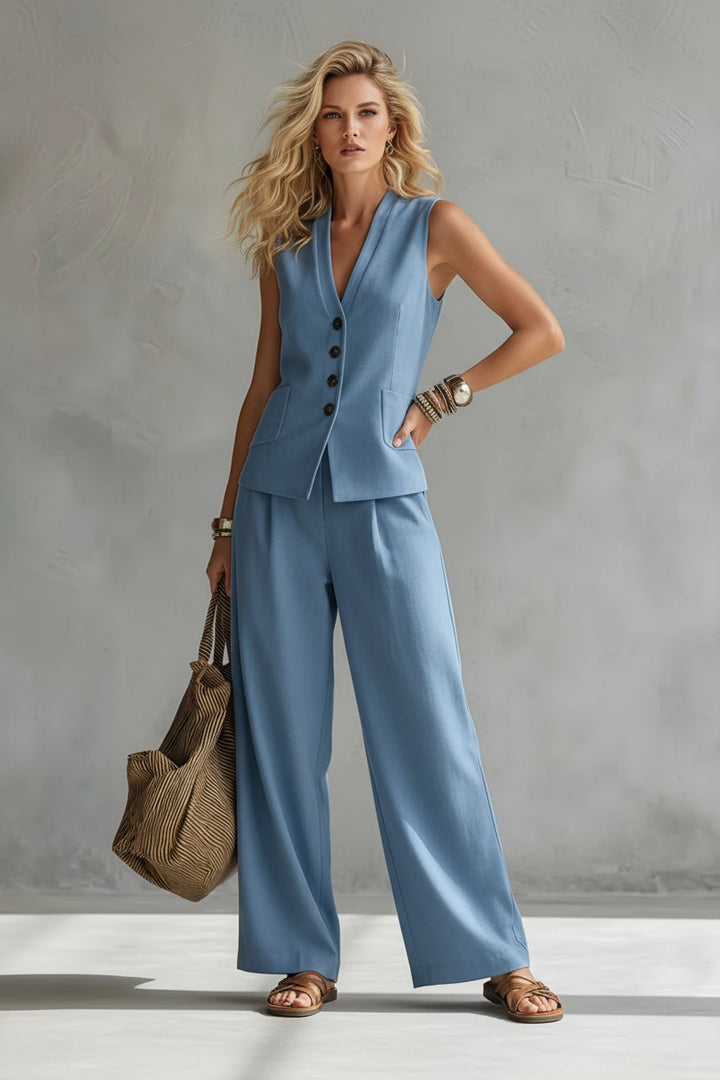Damen Elegantes 2-teiliges Leinen-Look Set | Ärmellose Weste &amp; Weite Hose | Stilvolles Sommeroutfit | Glinda