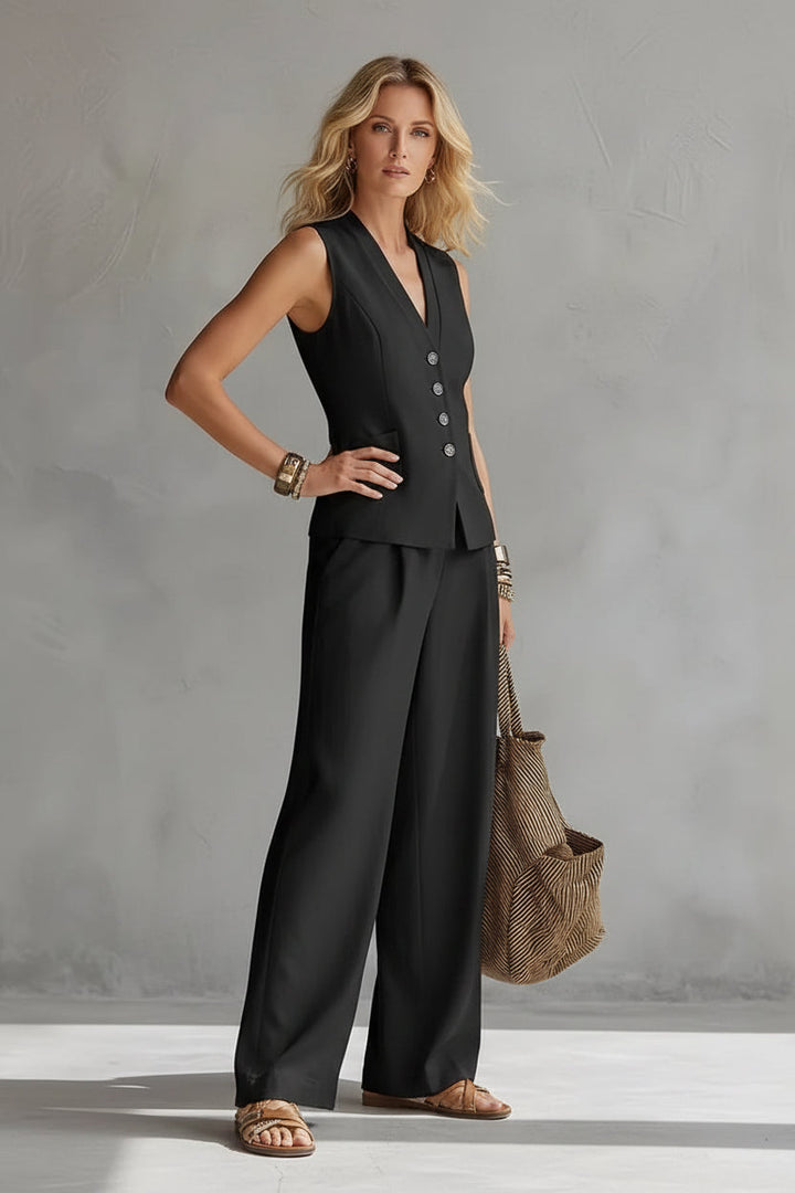Damen Elegantes 2-teiliges Leinen-Look Set | Ärmellose Weste &amp; Weite Hose | Stilvolles Sommeroutfit | Glinda
