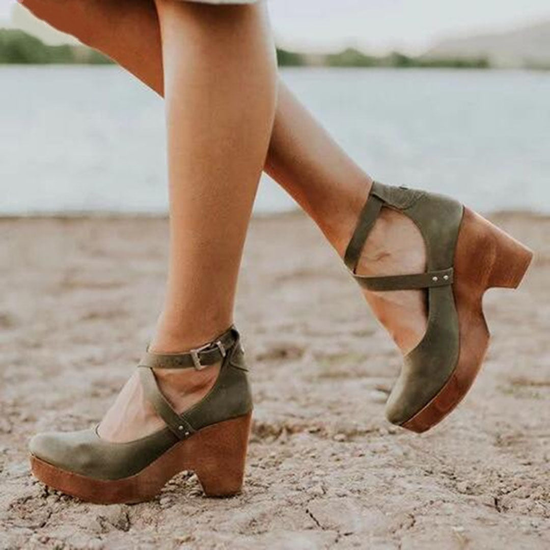 Damen Wedge-Heels mit geschlossenem Zehenbereich, Knöchelriemen und stabiler Basis