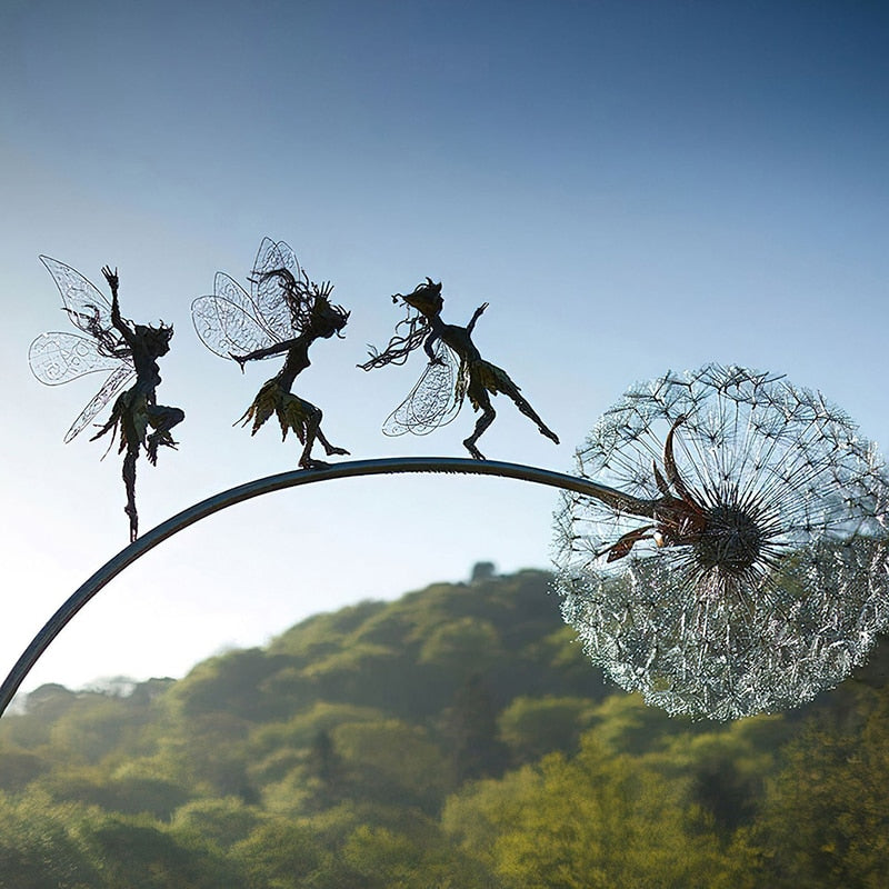 Fairies and Dandelions Dancing Together Sculpture Outdoor Garden