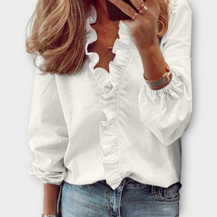 Damen-Bluse mit langen Ärmeln, Rüschendetail und V-Ausschnitt