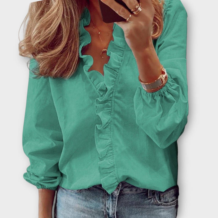 Damen-Bluse mit langen Ärmeln, Rüschendetail und V-Ausschnitt