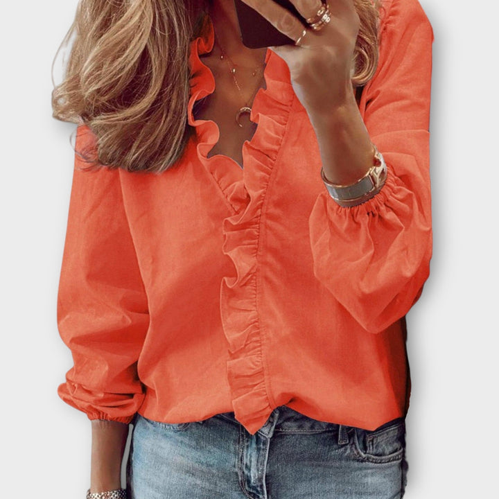 Damen-Bluse mit langen Ärmeln, Rüschendetail und V-Ausschnitt