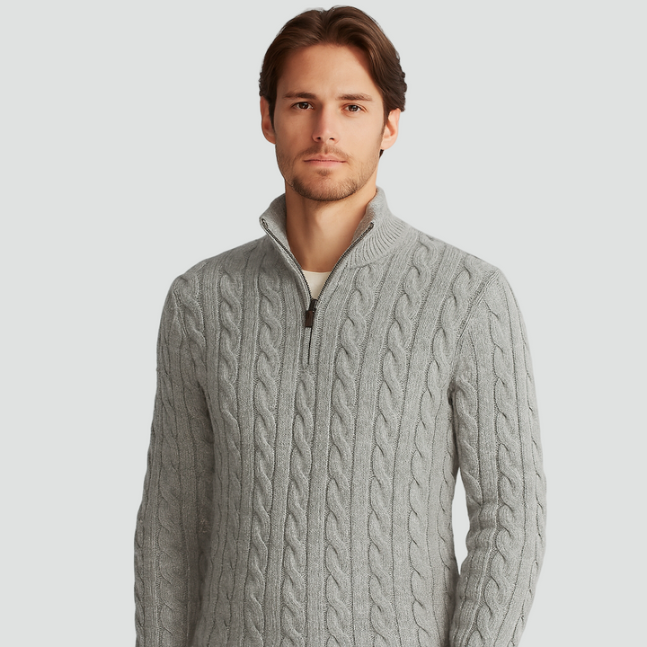 Kabelstrick Halb-Zip Pullover Herren Hoher Kragen