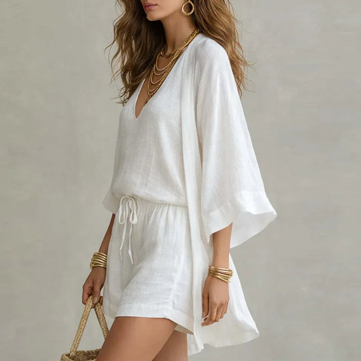 Leinen-Zweiteiler mit Kimono-Cardigan und Shorts mit Kordelzug