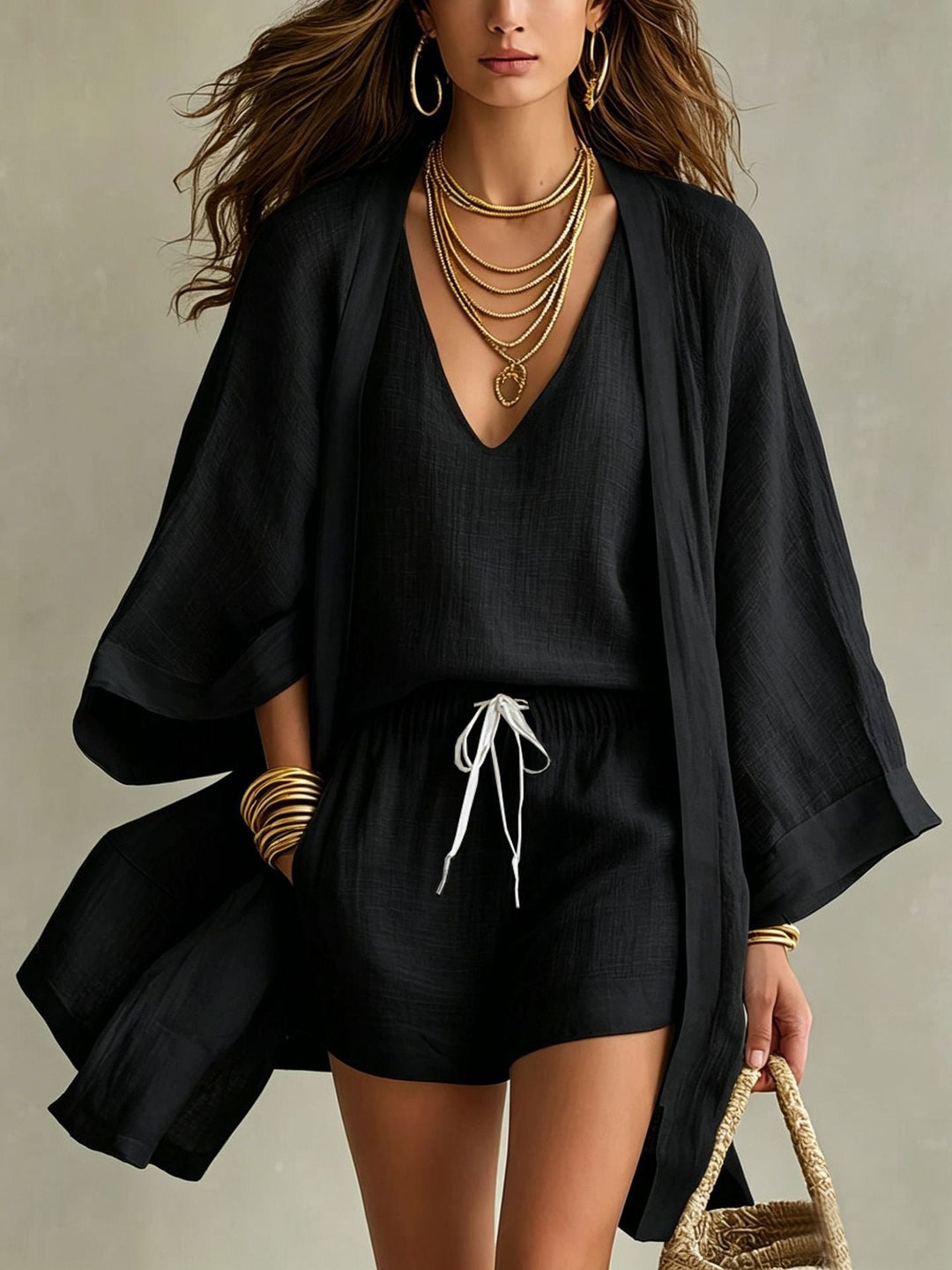 Leinen-Zweiteiler mit Kimono-Cardigan und Shorts mit Kordelzug