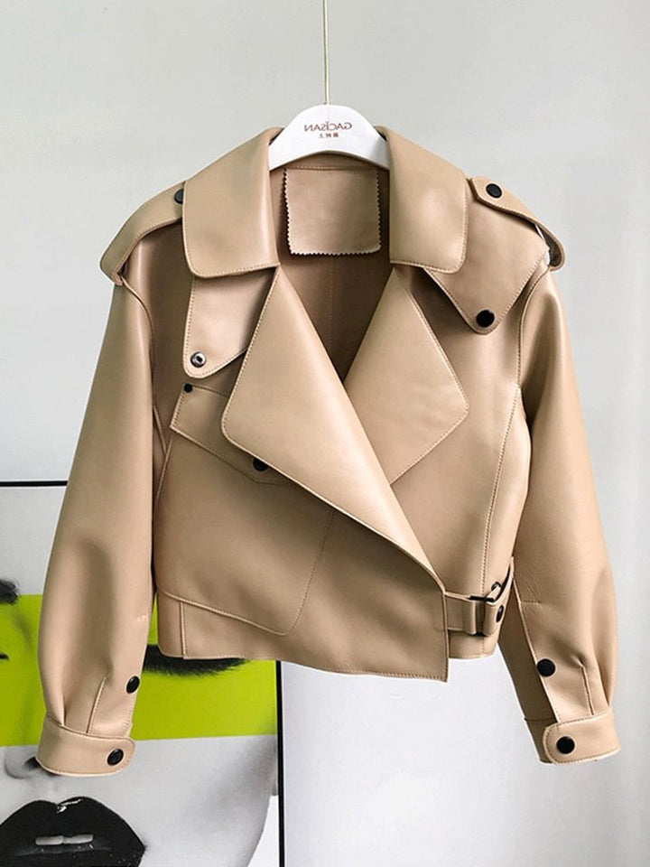 Trenchcoat Damen - Leder Cropped Trenchcoat mit langen Ärmeln
