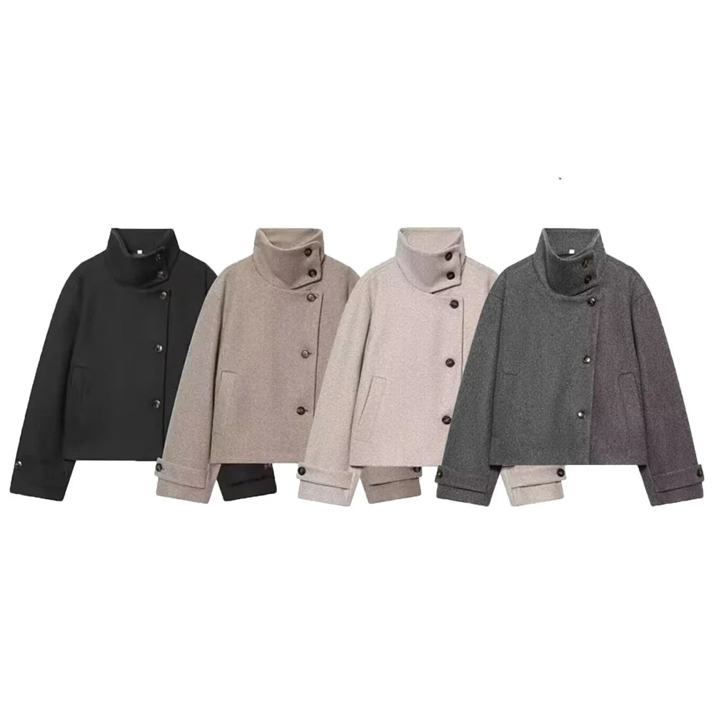 Damenjacke - Wollmischung Cropped Jacke mit Schnallenkragen