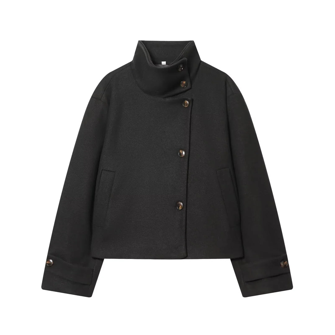 Damenjacke - Wollmischung Cropped Jacke mit Schnallenkragen