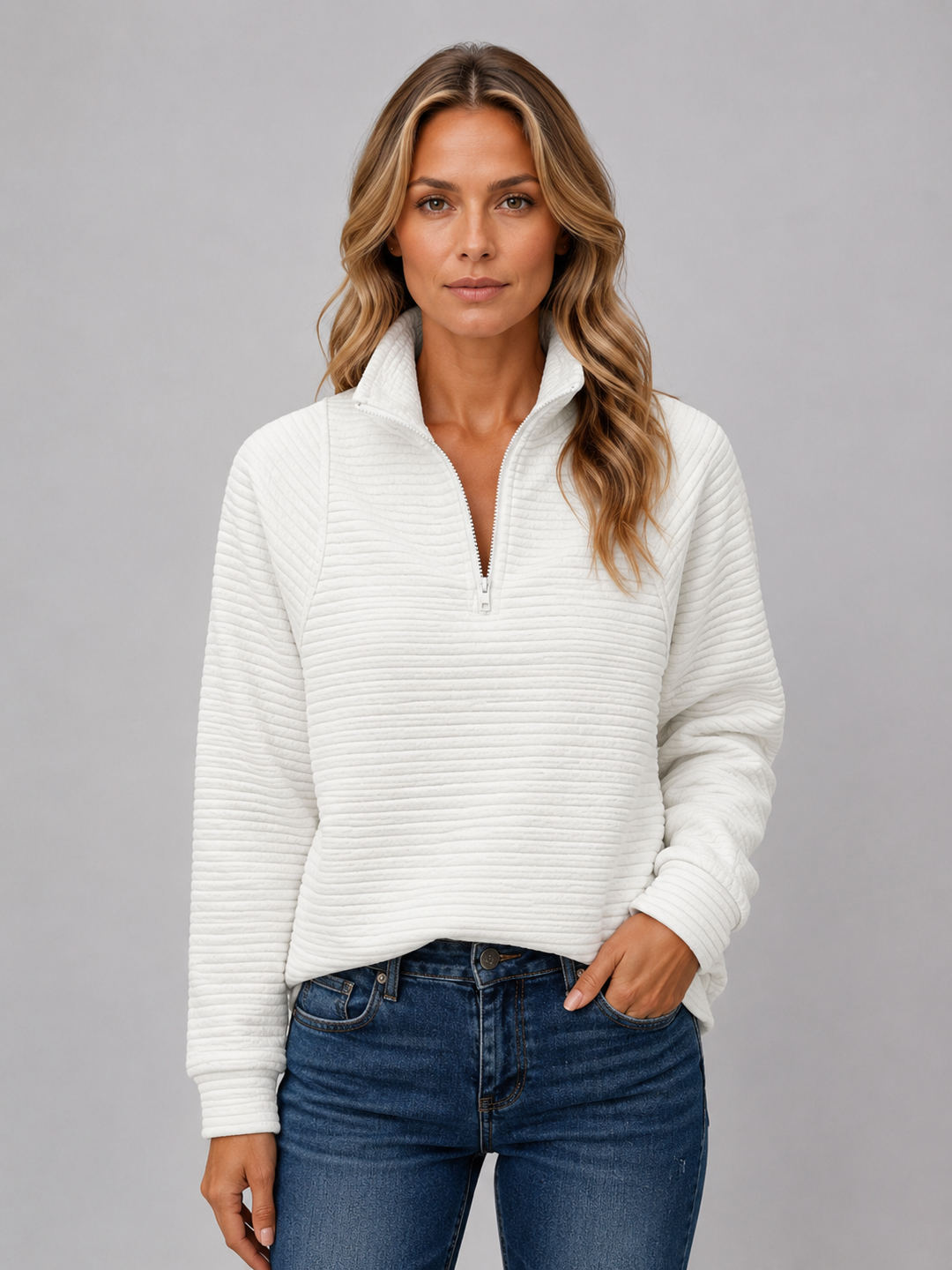 Pullover Damen - Quarter-Zip Ribbed Pullover mit langen Ärmeln