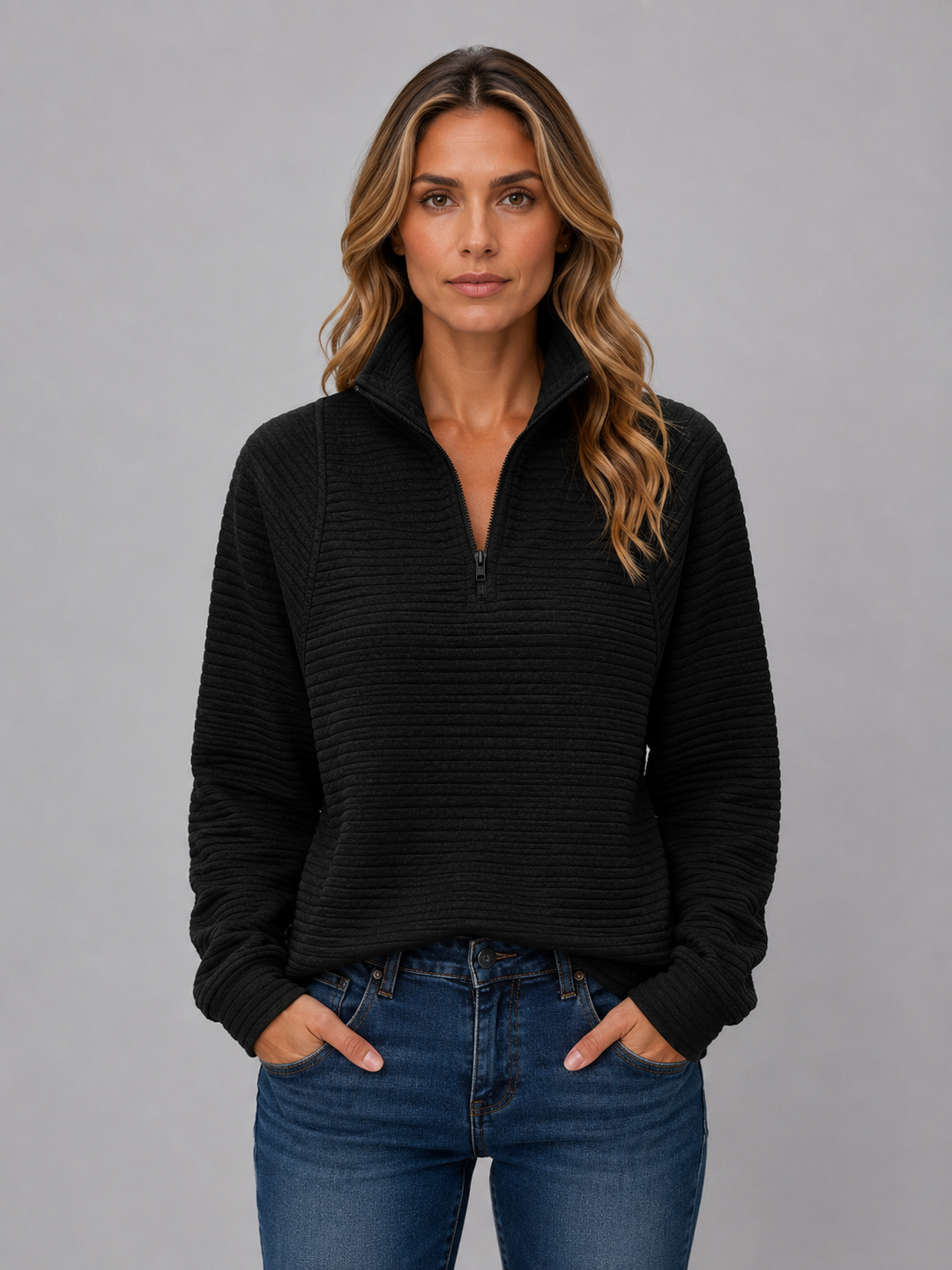Pullover Damen - Quarter-Zip Ribbed Pullover mit langen Ärmeln