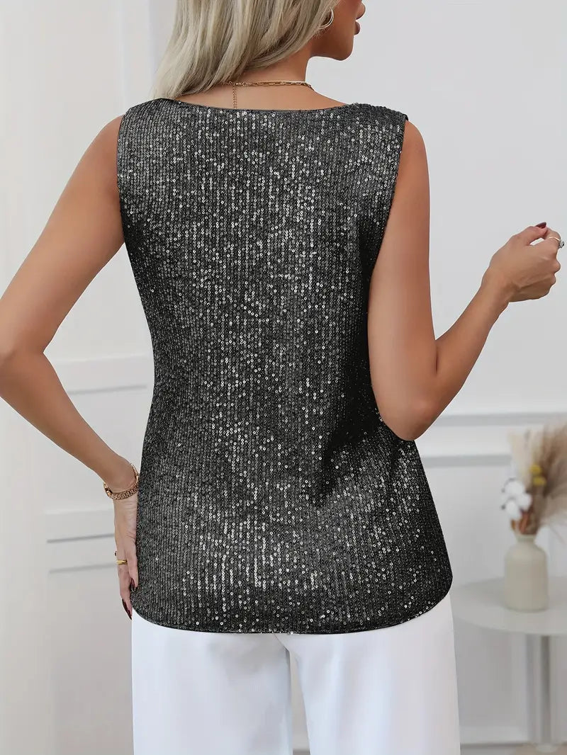 Pailletten Top Damen – V-Ausschnitt Ärmelloses Glitzer Shimmer Top