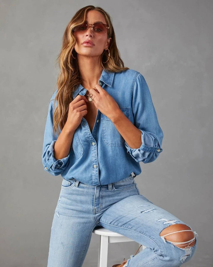 Damen Denim-Shirt mit entspanntem Revers und Knopfleiste – Lässiges Langarm-Overshirt