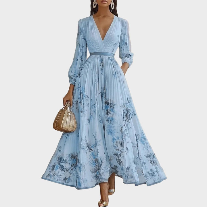Maxikleid für Hochzeitsgäste | Plissierter V-Ausschnitt