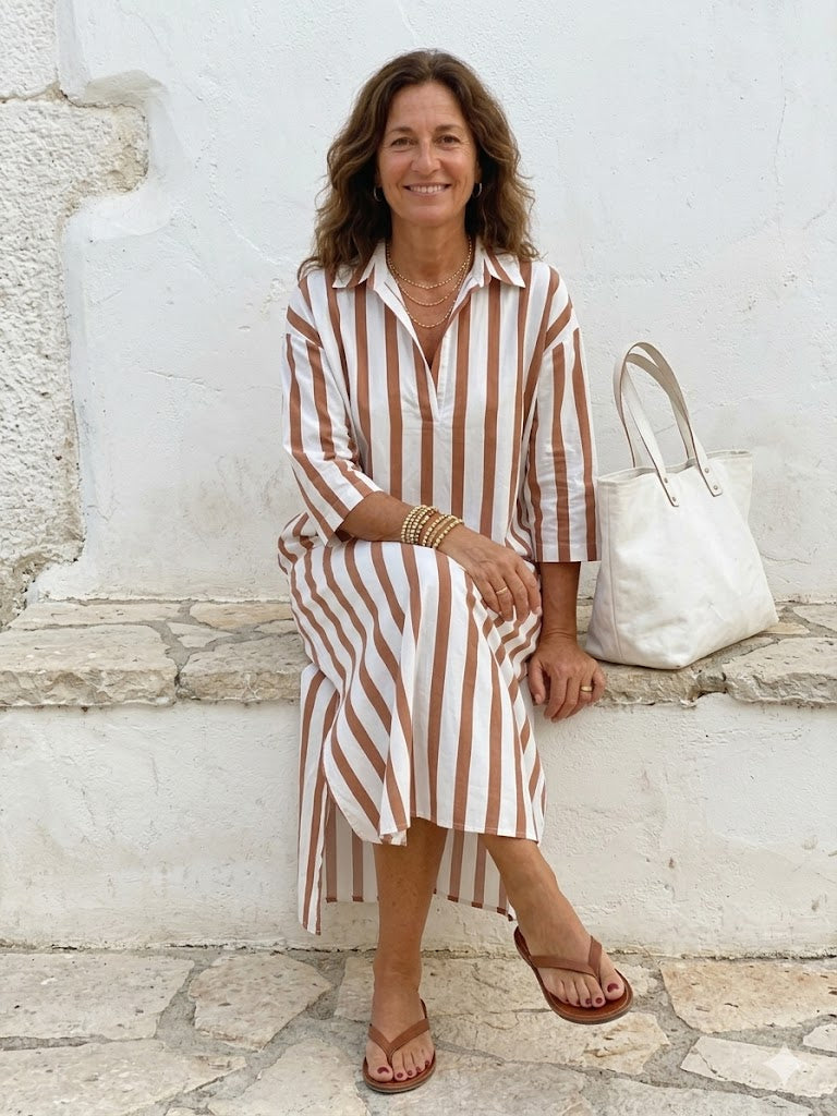 Naomi | Midi Shirt Dress with Long Sleeves and Stripes