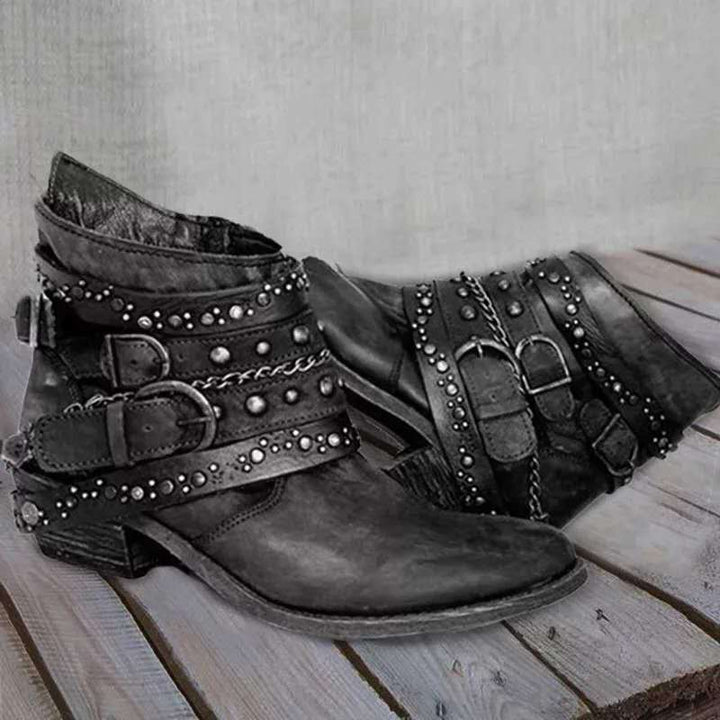 Damen-Westen-Stiefeletten mit Schnallen und Kettchen