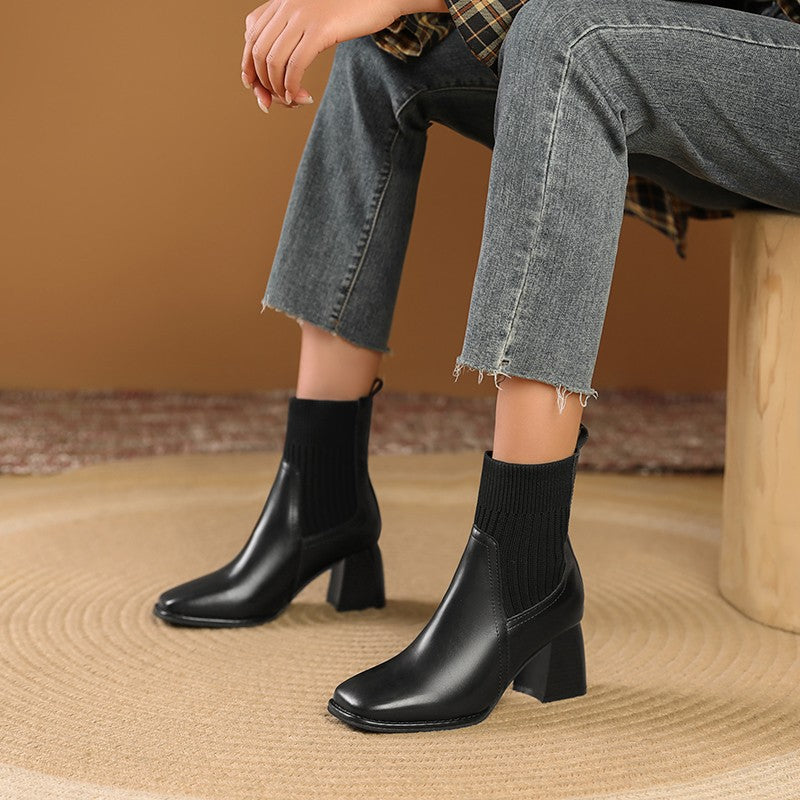 Chunky Stiefeletten für Damen mit gestricktem Einsatz und stabilen Absatz