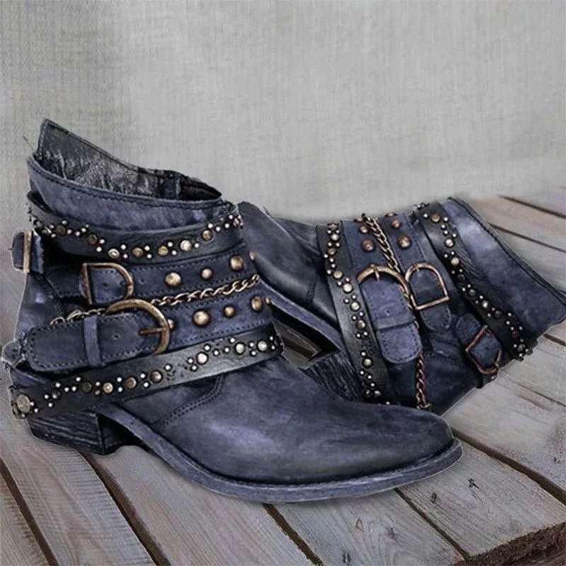 Damen-Westen-Stiefeletten mit Schnallen und Kettchen