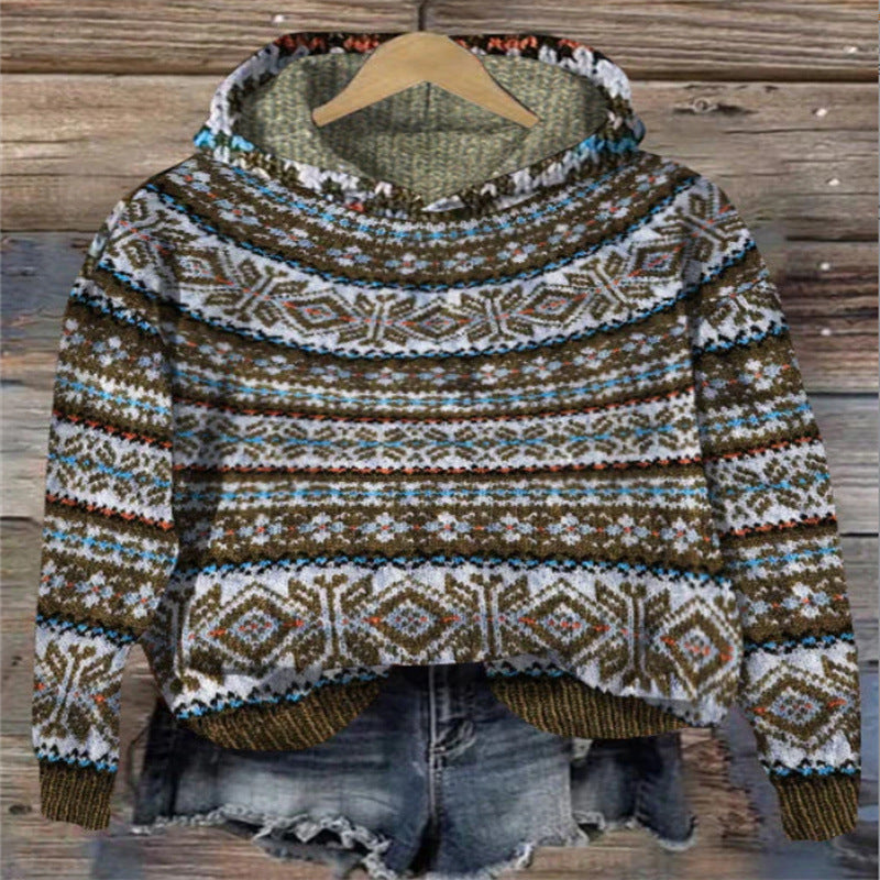 Damen Druckdesign mit Norwegischem Muster – Weicher Warmer Hoodie für Freizeit- und Winterstil