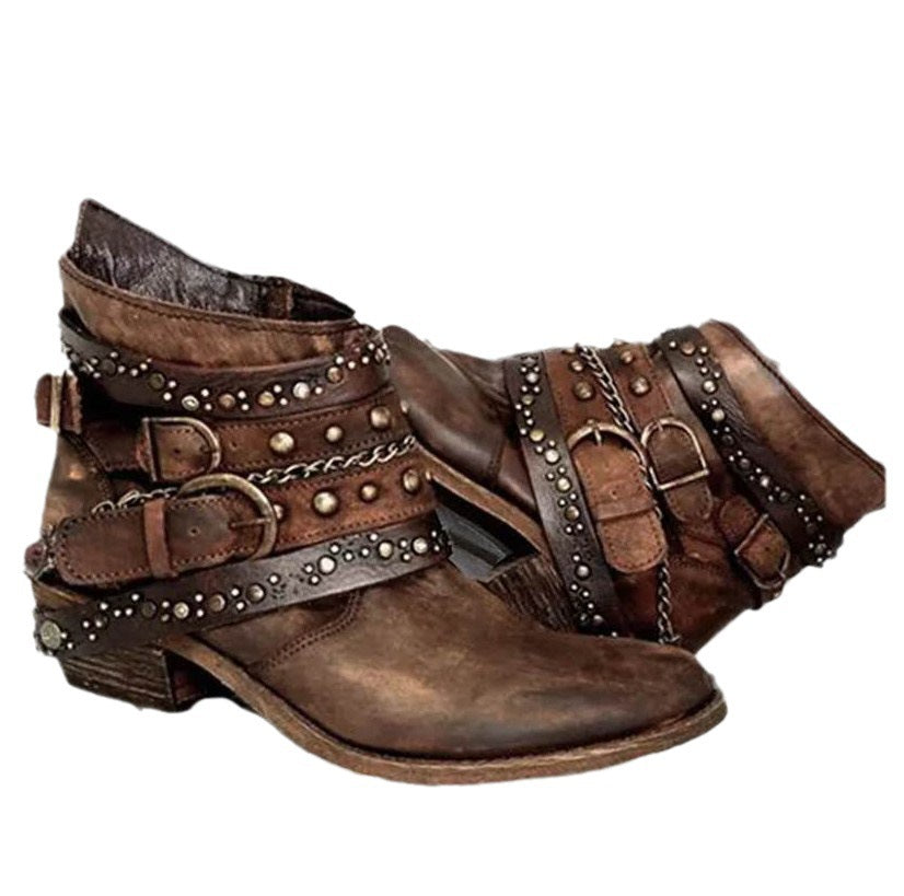 Damen-Westen-Stiefeletten mit Schnallen und Kettchen