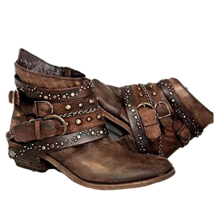 Damen-Westen-Stiefeletten mit Schnallen und Kettchen