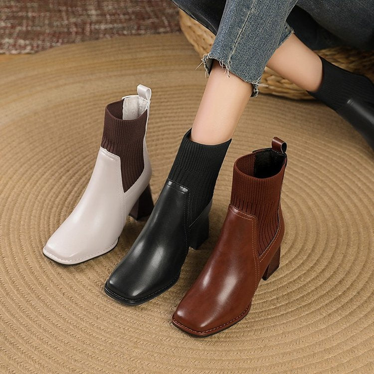 Chunky Stiefeletten für Damen mit gestricktem Einsatz und stabilen Absatz