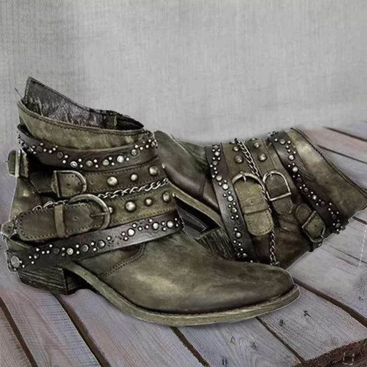 Damen-Westen-Stiefeletten mit Schnallen und Kettchen