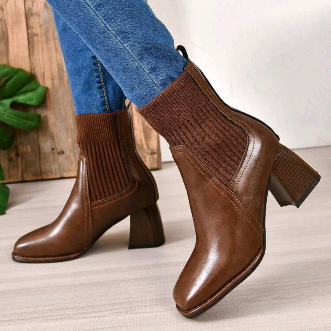 Damen Stiefeletten mit Blockabsatz und gestricktem Schaft