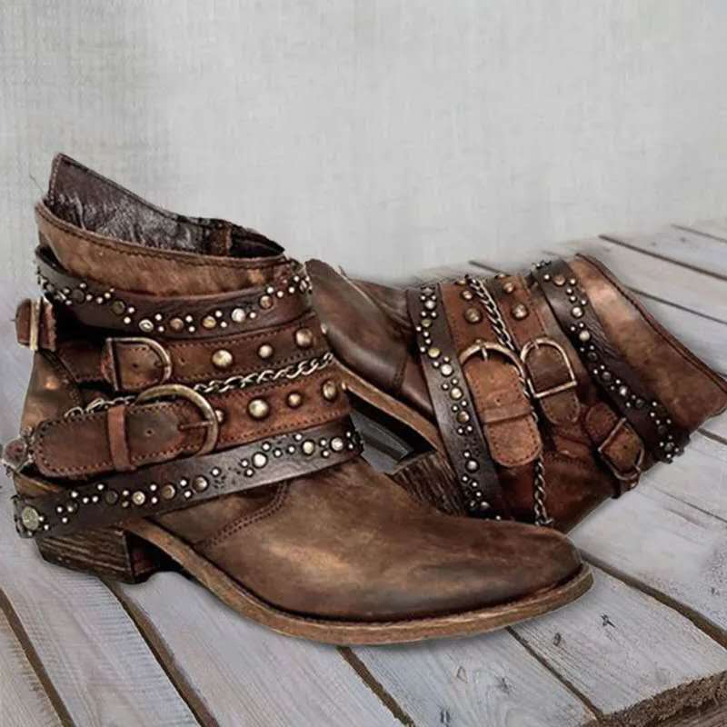 Damen-Westen-Stiefeletten mit Schnallen und Kettchen