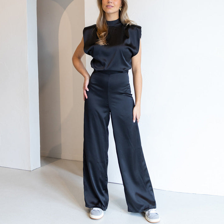 Catharina | Damen Jumpsuit – Luxus Satinlook, Ärmellos, Weite Beine, Offener Rücken