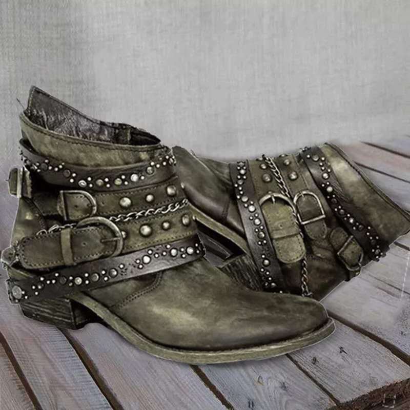 Damen-Westen-Stiefeletten mit Schnallen und Kettchen