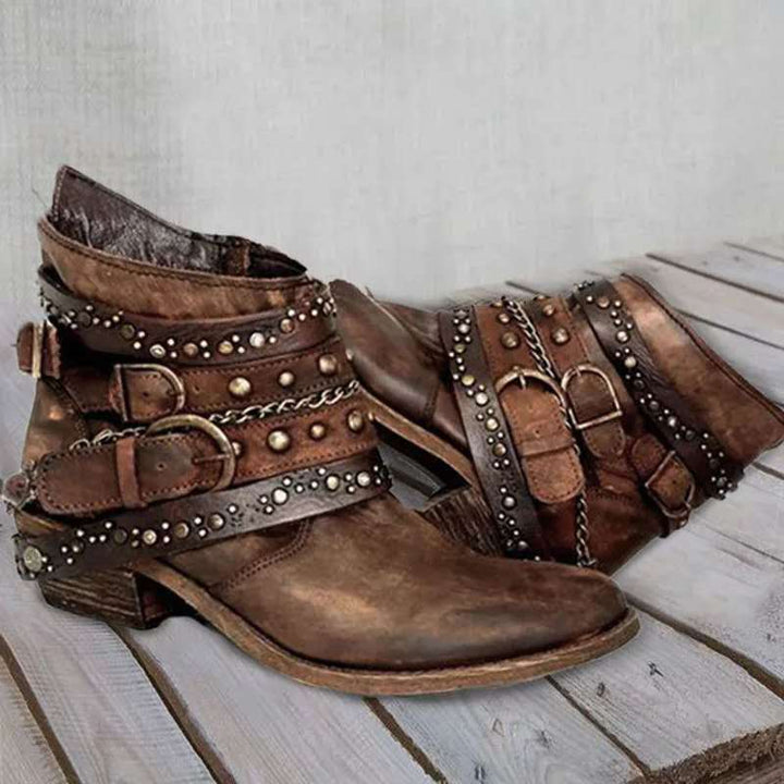 Damen-Westen-Stiefeletten mit Schnallen und Kettchen