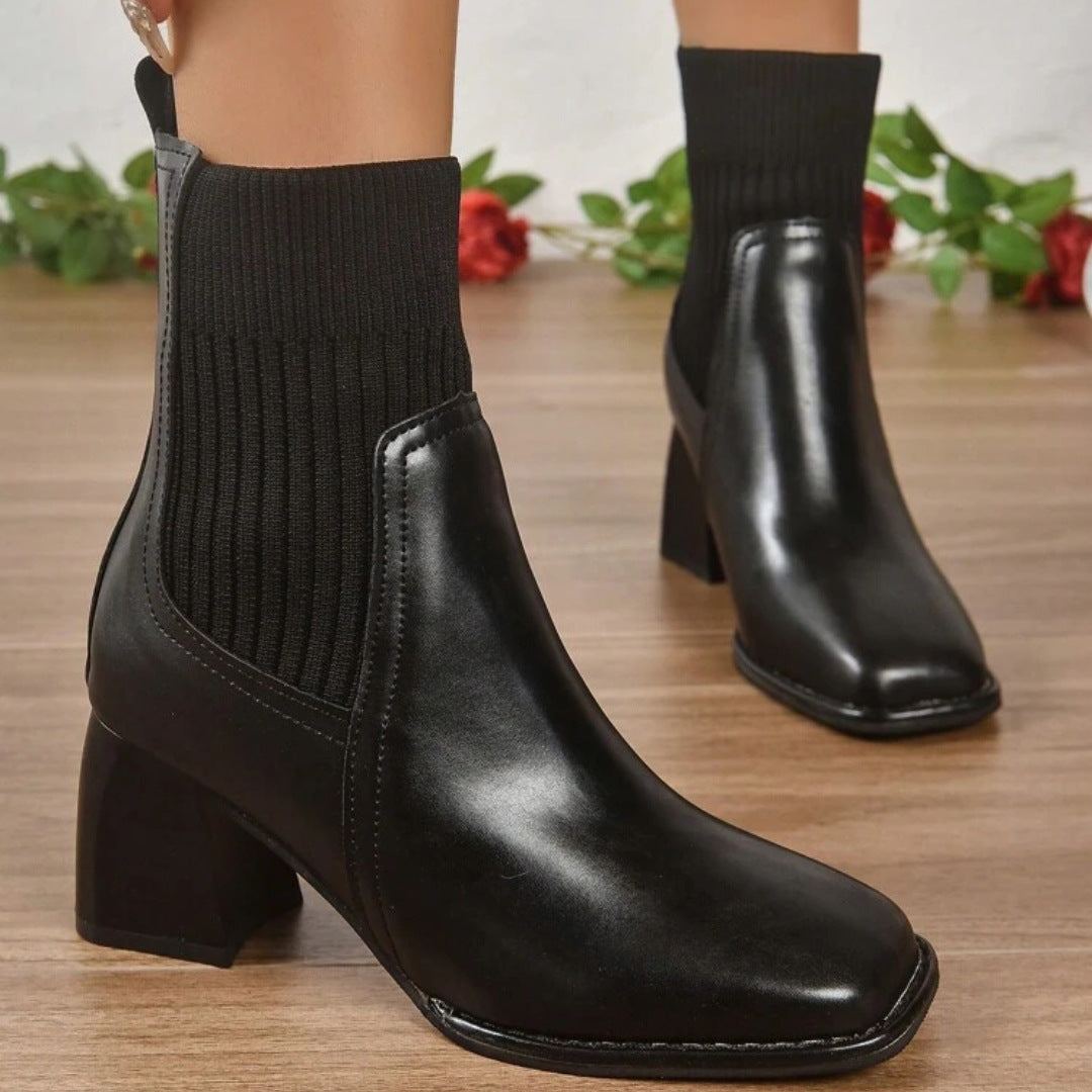 Damen Stiefeletten mit Blockabsatz und gestricktem Schaft