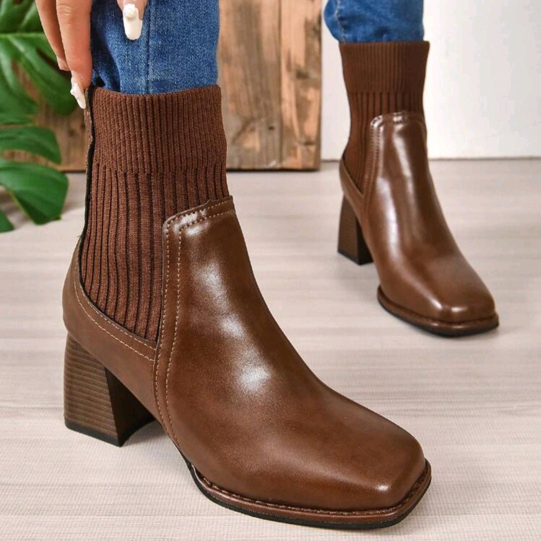 Damen Stiefeletten mit Blockabsatz und gestricktem Schaft