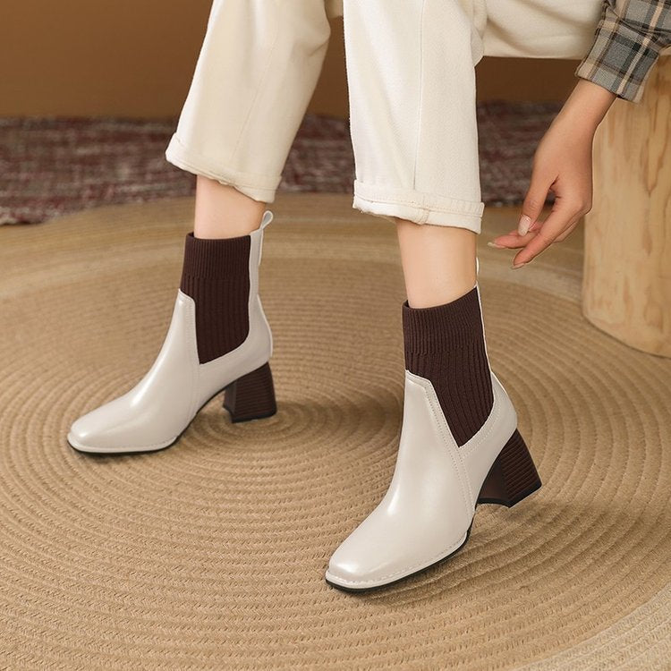 Chunky Stiefeletten für Damen mit gestricktem Einsatz und stabilen Absatz