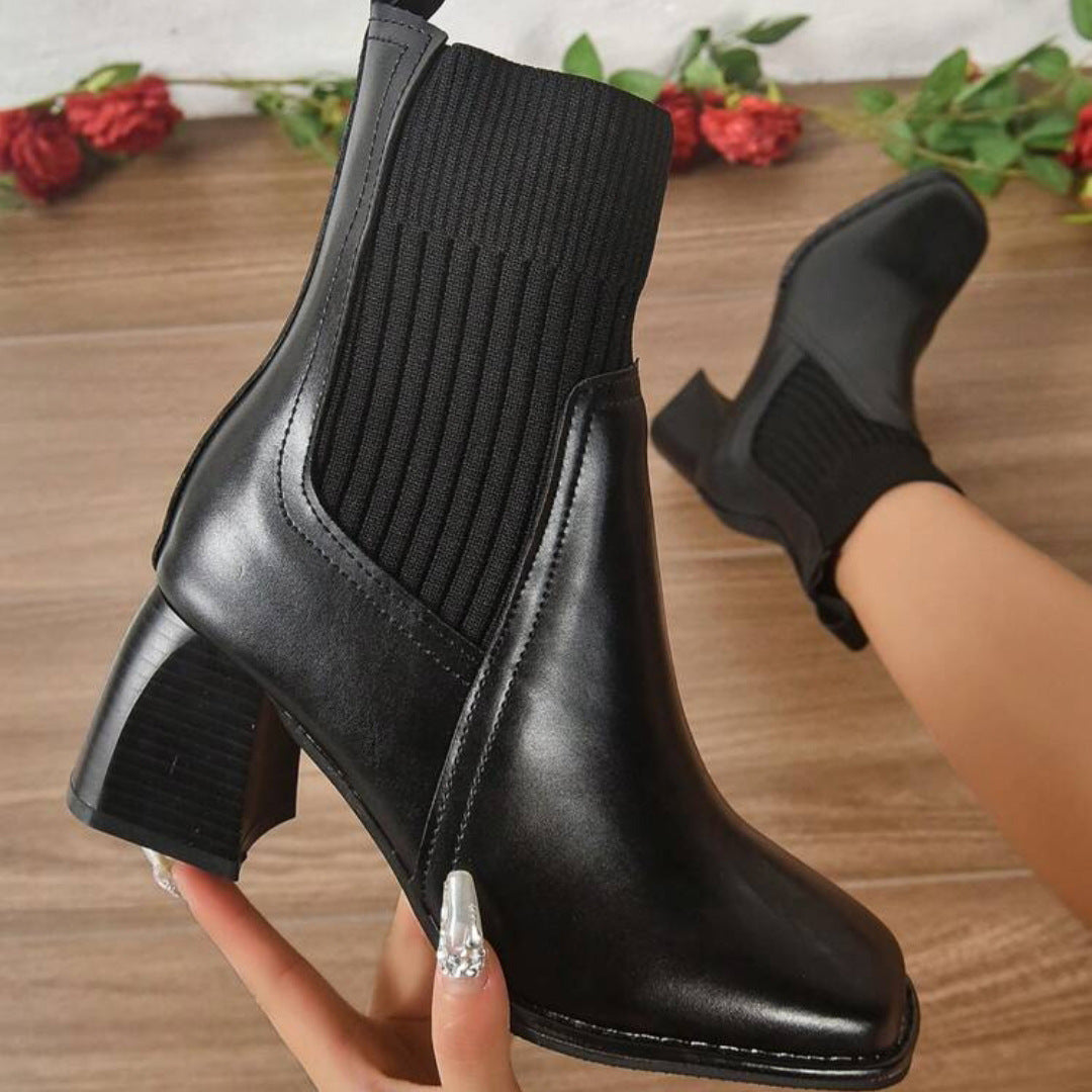 Damen Stiefeletten mit Blockabsatz und gestricktem Schaft