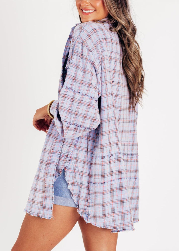 Raw Edge Übergröße Hemdjacke – Gewaschenes Flanell-Layer mit Taschen