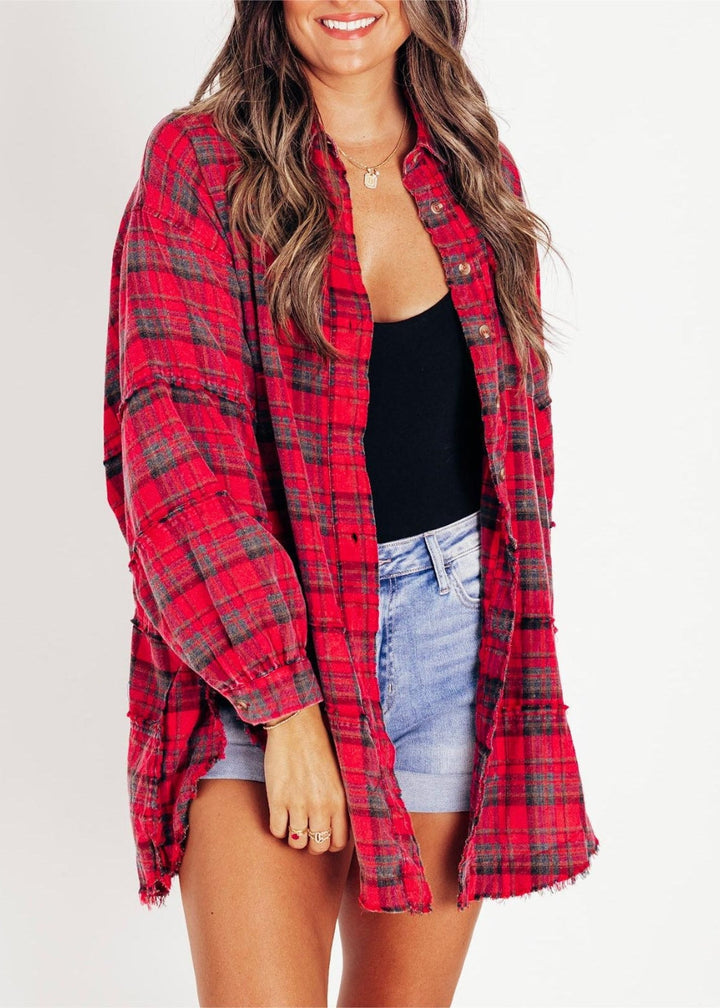 Raw Edge Übergröße Hemdjacke – Gewaschenes Flanell-Layer mit Taschen