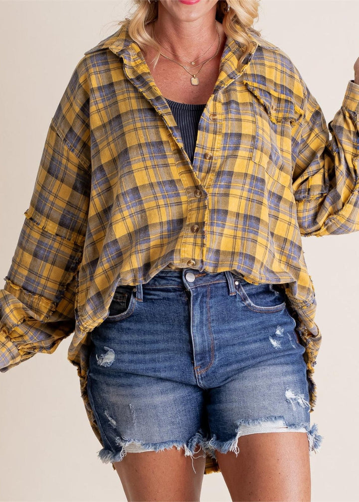 Raw Edge Übergröße Hemdjacke – Gewaschenes Flanell-Layer mit Taschen