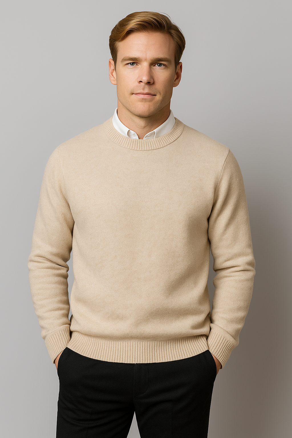 Verfeinertes Herren Rundhals-Pullover mit Rippbündchen und Saum