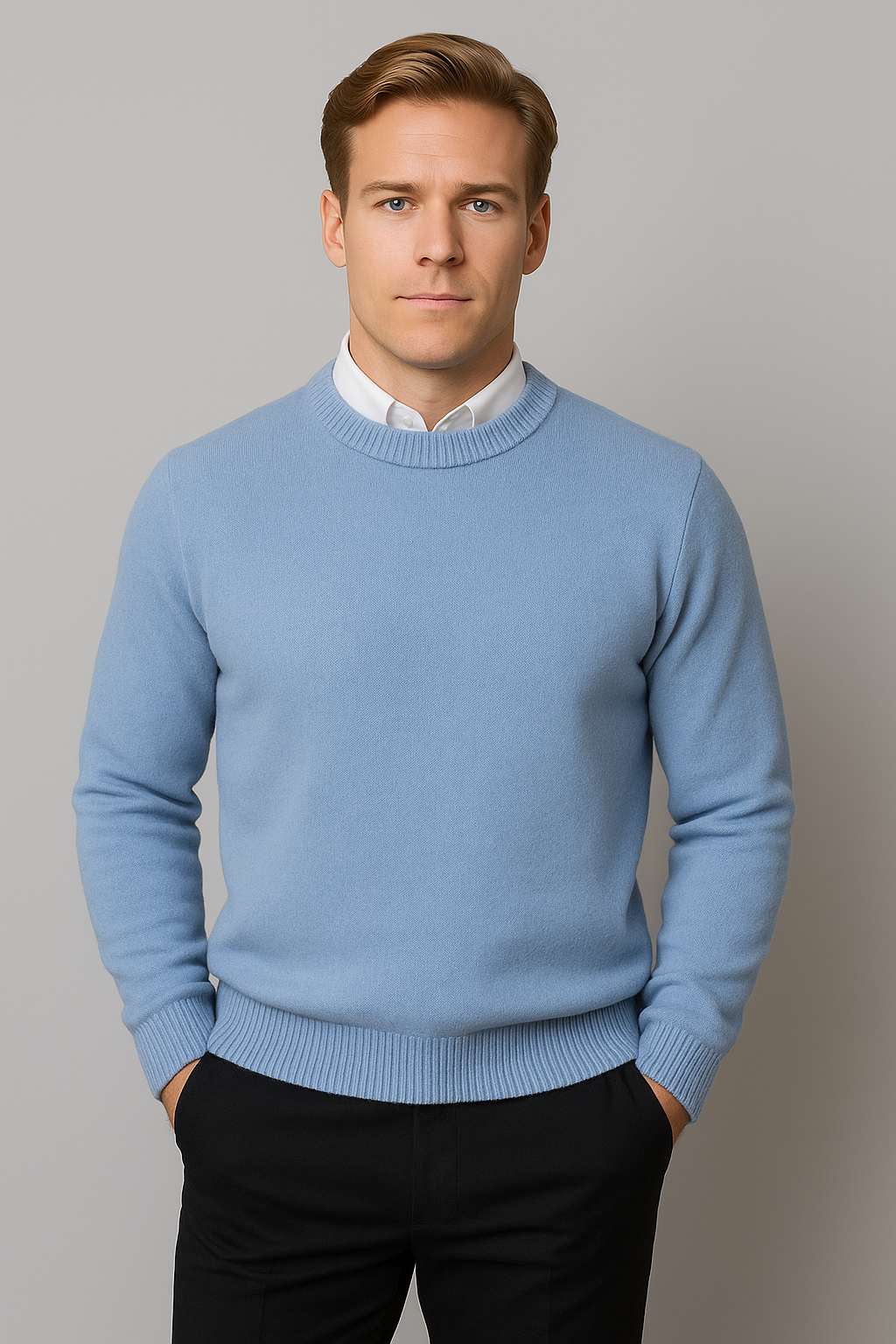 Verfeinertes Herren Rundhals-Pullover mit Rippbündchen und Saum