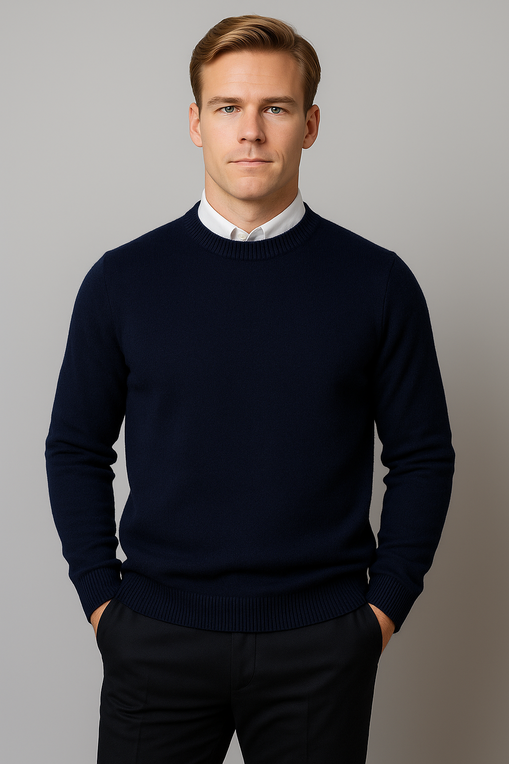 Verfeinertes Herren Rundhals-Pullover mit Rippbündchen und Saum