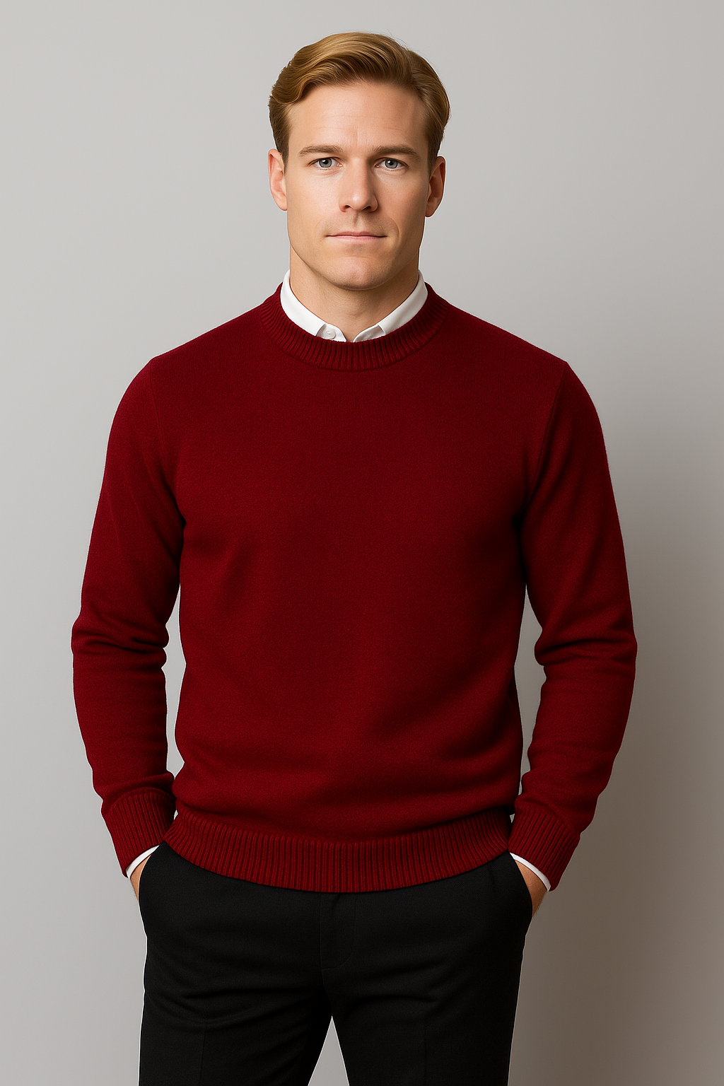 Verfeinertes Herren Rundhals-Pullover mit Rippbündchen und Saum