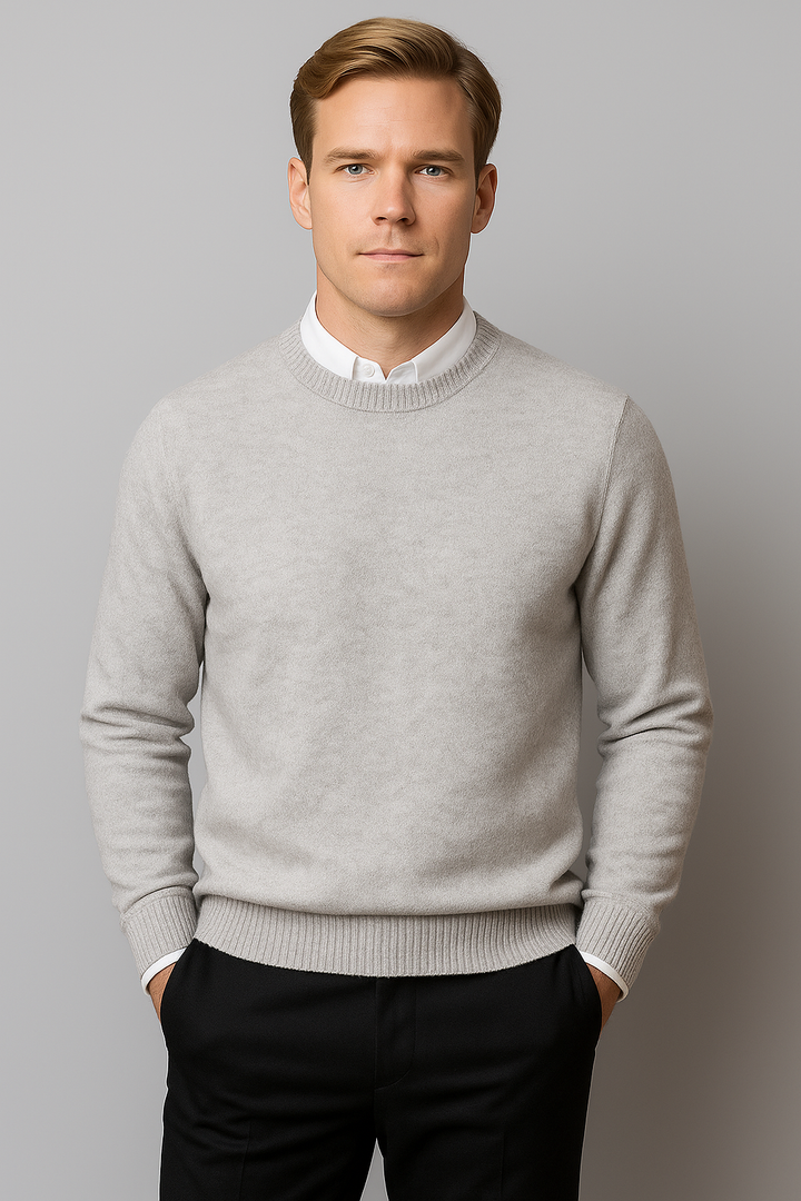 Verfeinertes Herren Rundhals-Pullover mit Rippbündchen und Saum