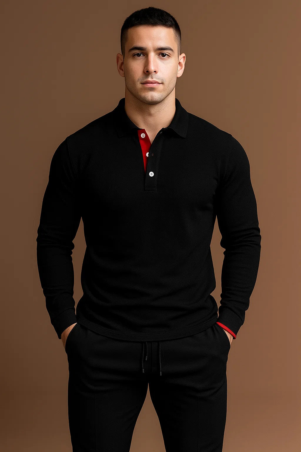 Polo à manches longues raffiné pour homme avec patte de boutonnage et col