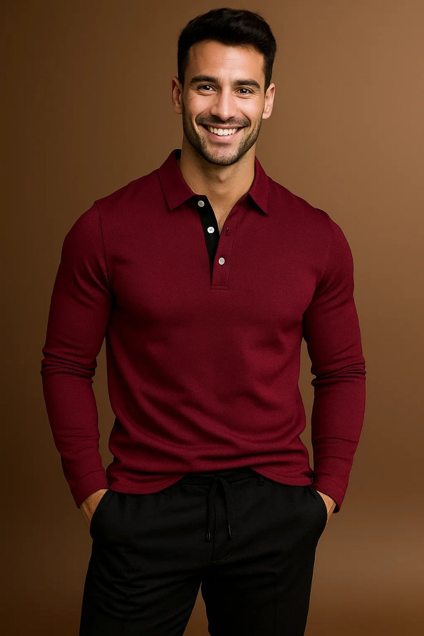 Polo à manches longues raffiné pour homme avec patte de boutonnage et col