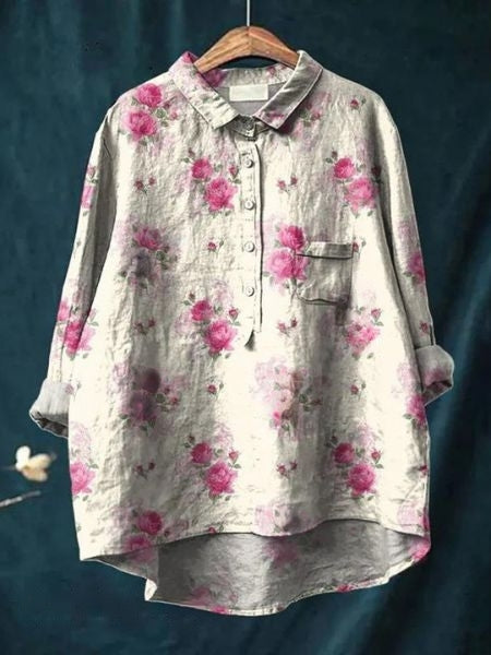 Chemise décontractée en lin à imprimé floral, manches longues et poche poitrine