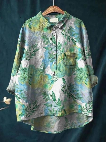 Chemise décontractée en lin à imprimé floral, manches longues et poche poitrine